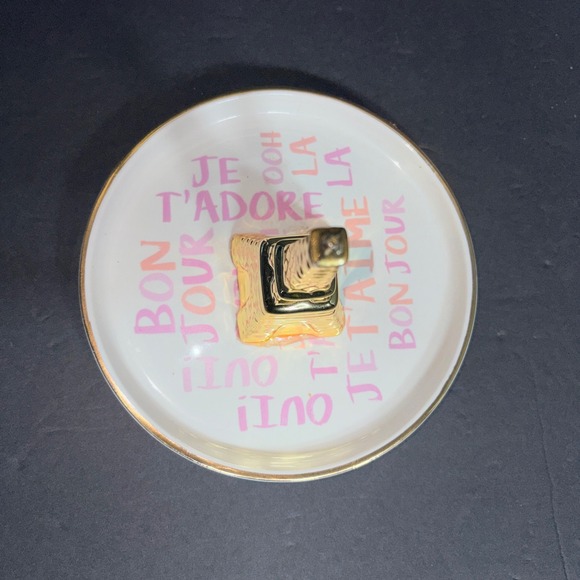 Ciroa Eiffel Tower Ring Holder Dish Gold White Pink French Phrases Stoneware 5in - Picture 3 of 14